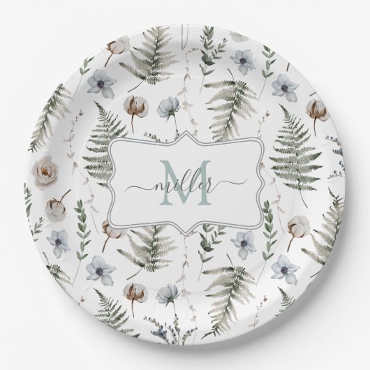 Monogramm Blume und Fern Blätter florale botanisch Pappteller (Vorderseite)