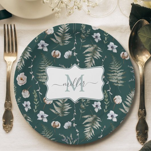 Monogramm Blume und Fern Blätter florale botanisch Pappteller