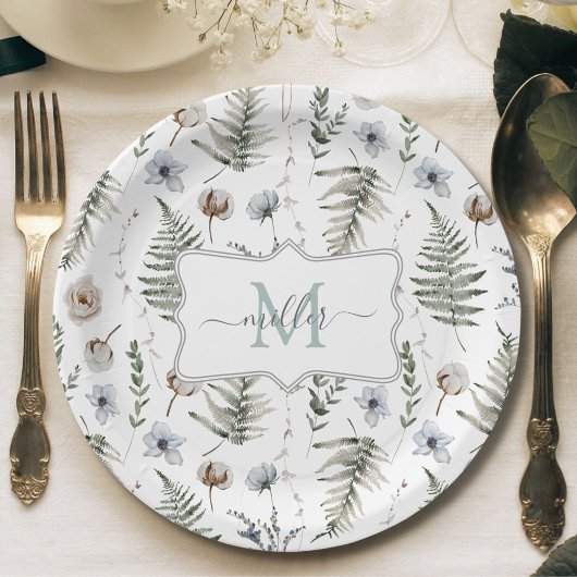 Monogramm Blume und Fern Blätter florale botanisch Pappteller