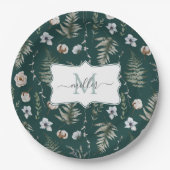 Monogramm Blume und Fern Blätter florale botanisch Pappteller (Vorderseite)