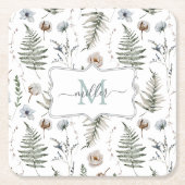 Monogramm Blume und Fern Blätter florale botanisch Rechteckiger Pappuntersetzer (Vorderseite)