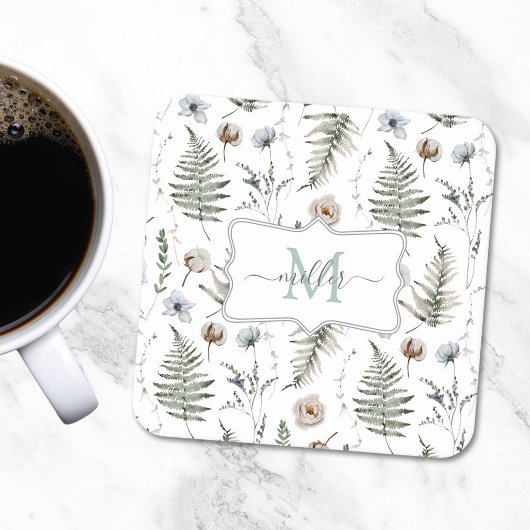 Monogramm Blume und Fern Blätter florale botanisch Rechteckiger Pappuntersetzer