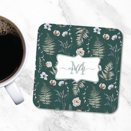 Monogramm Blume und Fern Blätter florale botanisch Rechteckiger Pappuntersetzer