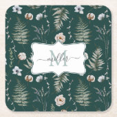 Monogramm Blume und Fern Blätter florale botanisch Rechteckiger Pappuntersetzer (Vorderseite)