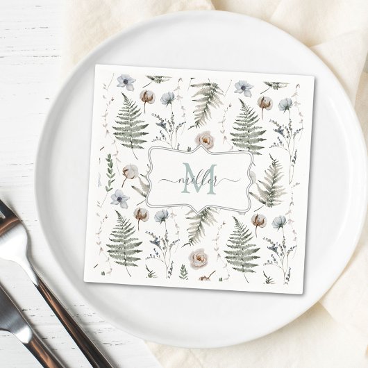 Monogramm Blume und Fern Blätter florale botanisch Serviette