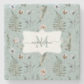 Monogramm Blume und Fern Blätter florale botanisch Steinuntersetzer (Vorderseite)