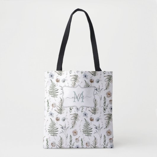 Monogramm Blume und Fern Blätter florale botanisch Tasche (Vorderseite)
