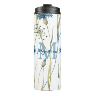 Monogramm Blumen Blau Gold Weiß Thermosbecher