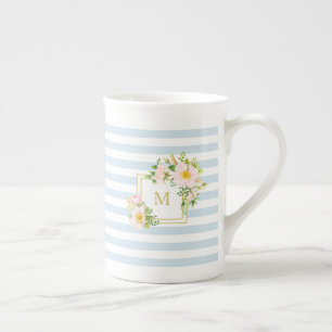 Monogramm Blumen Chic Pastellblaue Streifen Porzellantasse