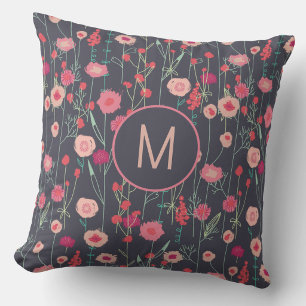 Monogramm Blumen Dunkel Kissen