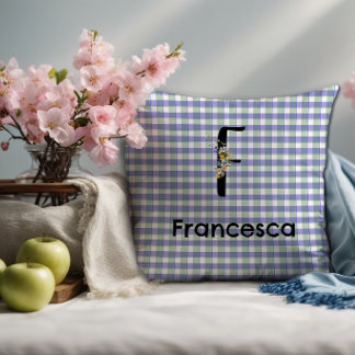 Monogramm-Blumen-Gingham blau-grünes Muster Kissen