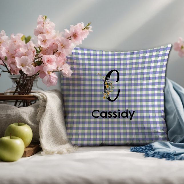 Monogramm-Blumen-Gingham blau-grünes Muster Kissen (Von Creator hochgeladen)