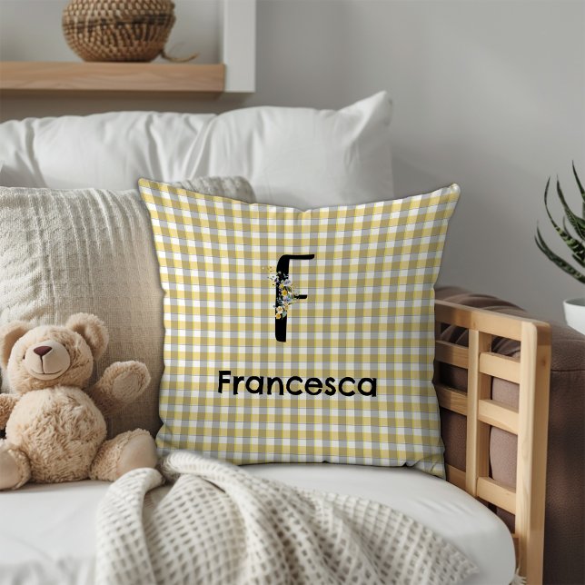 Monogramm-Blumen-Gingham-Gelb-Grau-Muster Kissen (Von Creator hochgeladen)