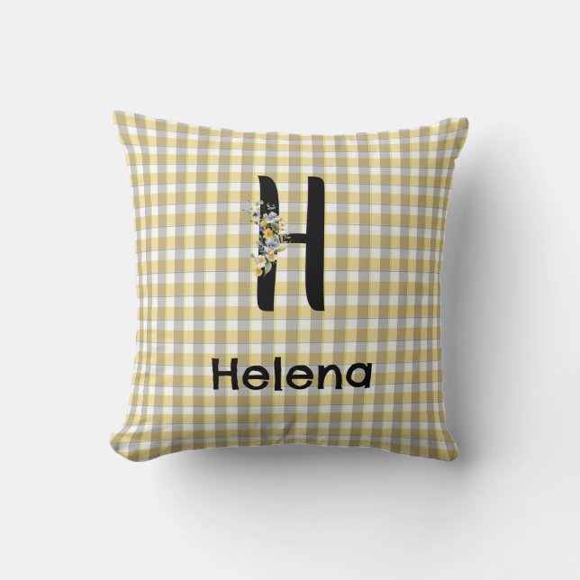 Monogramm-Blumen-Gingham-Gelb-Grau-Muster Kissen (Vorderseite)