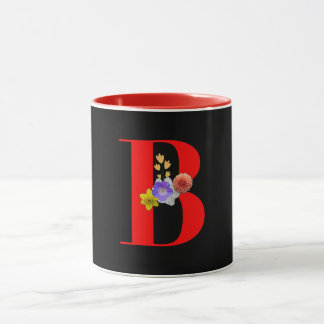 Monogramm Blumen Kursiv A Rot Innen Schwarz Tasse