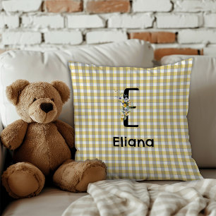 Monogramm-Blumen-Retro-Gingham Blau-Grau Kissen