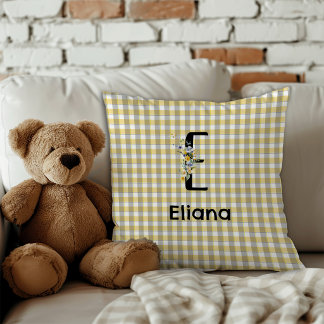 Monogramm-Blumen-Retro-Gingham Blau-Grau  Kissen