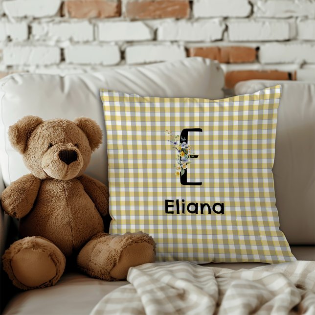 Monogramm-Blumen-Retro-Gingham Blau-Grau  Kissen (Von Creator hochgeladen)