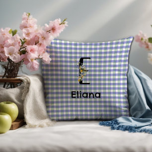 Monogramm-Blumen-Retro-Gingham Blau Grün Kissen