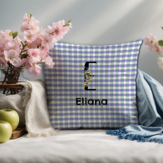 Monogramm-Blumen-Retro-Gingham Blau Grün  Kissen