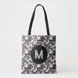 Monogramm-Blumen-Schädel Schwarz Weiß Halloween  Tasche