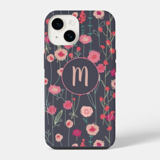 Monogramm Blumen Schwarz Rosa iPhone Hülle (Rückseite)
