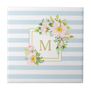Monogramm Blumen Shabby Chic Pastellblaue Streifen Fliese