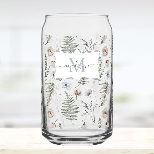Monogramm-Blumen und Farnblätter Floral Botanisch Dosenglas
