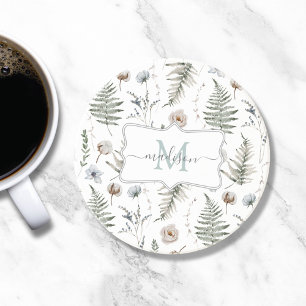 Monogramm Blumen und Farnblätter Floral Botanisch Getränkeuntersetzer