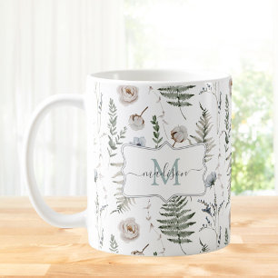 Monogramm Blumen und Farnblätter Floral Botanisch Kaffeetasse