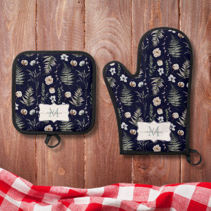 Monogramm-Blumen und Farnblätter Floral Botanisch Ofenhandschuh & Topflappen-Set