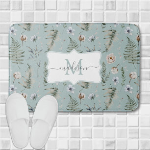 Monogramm-Blumen und Farnblätter Florale Botanik Badematte