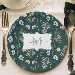 Monogramm Blumen und Farnblätter Florale Botanik Pappteller