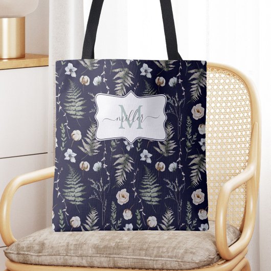 Monogramm-Blumen und Farnblätter Florale Botanik Tasche