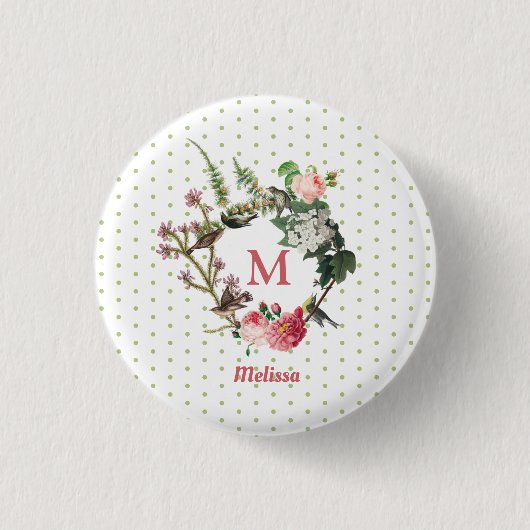 Monogramm-Blumen- und Vogelkranz mit Polka-Dots im Button (Vorderseite)