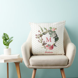 Monogramm-Blumen- und Vogelkranz mit Polka-Dots im Kissen