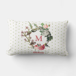 Monogramm-Blumen- und Vogelkranz mit Polka-Dots im Lendenkissen