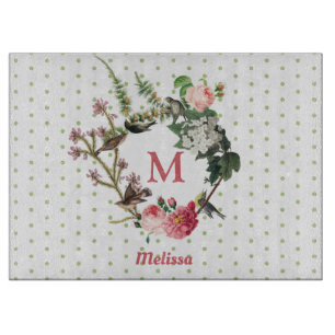 Monogramm-Blumen- und Vogelkranz mit Polka-Tüpfelc Schneidebrett