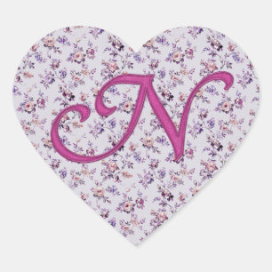Monogramm Blumen Vintage N Herz-Aufkleber
