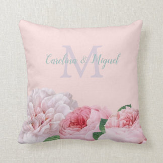Monogramm Blumen Vintage Rosa Rosen Paarnamen Kissen