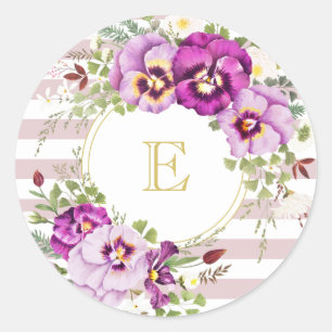Monogramm Blumen Vintage Stiefmütterchen Lila Stre Runder Aufkleber