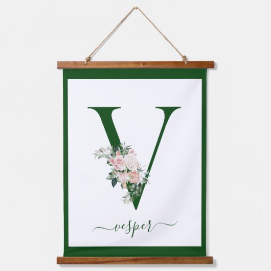Monogramm Blumeninitiale V Wandteppich Mit Holzrahmen (Vorderseite)