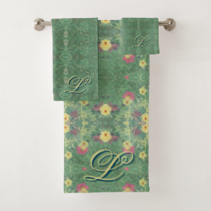 Monogramm-Blumenmuster-Grün-Badehandtuch-Set Badhandtuch Set