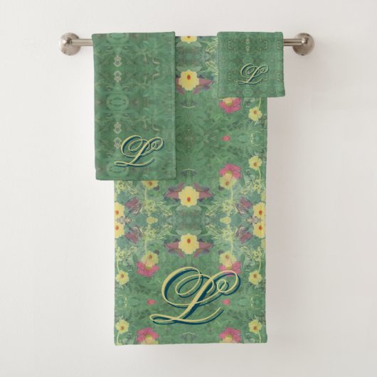 Monogramm-Blumenmuster-Grün-Badehandtuch-Set Badhandtuch Set (Insitu)