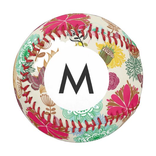 Monogramm Blumenmuster im Retro-Stil Baseball (Vorderseite Links)