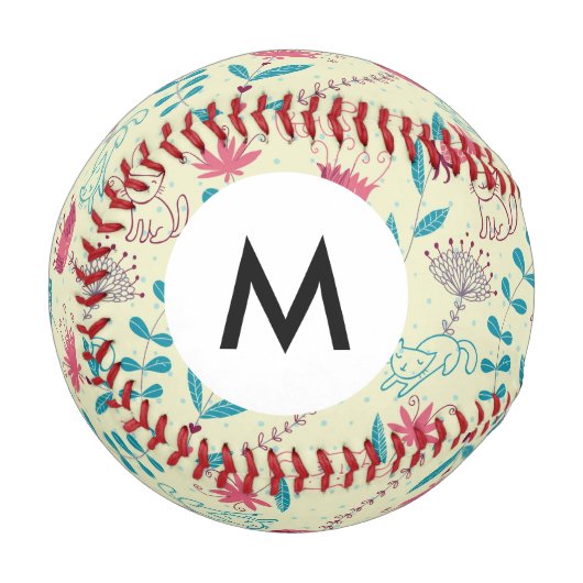 Monogramm Blumenmuster mit Cartoon-Katzen Baseball (Vorderseite Links)