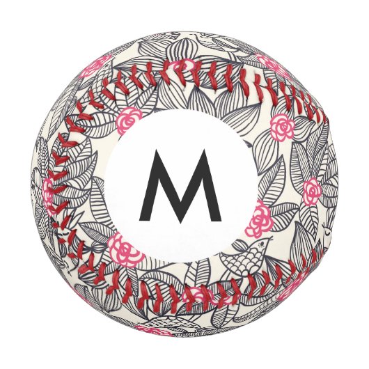 Monogramm-Blumenmuster mit Cartoon-Vögeln 2 Baseball (Vorderseite Links)