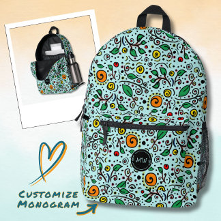 Monogramm Blumenmuster orangeSwirlBerry Türkis Bedruckter Rucksack