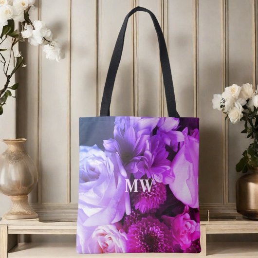 Monogramm Blumenrosa lila blaues Bouquet Foto Tasche