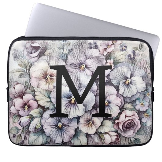 Monogramm blumenzeichnend rosa Stiefmütterchen Blu Laptopschutzhülle (Vorderseite)